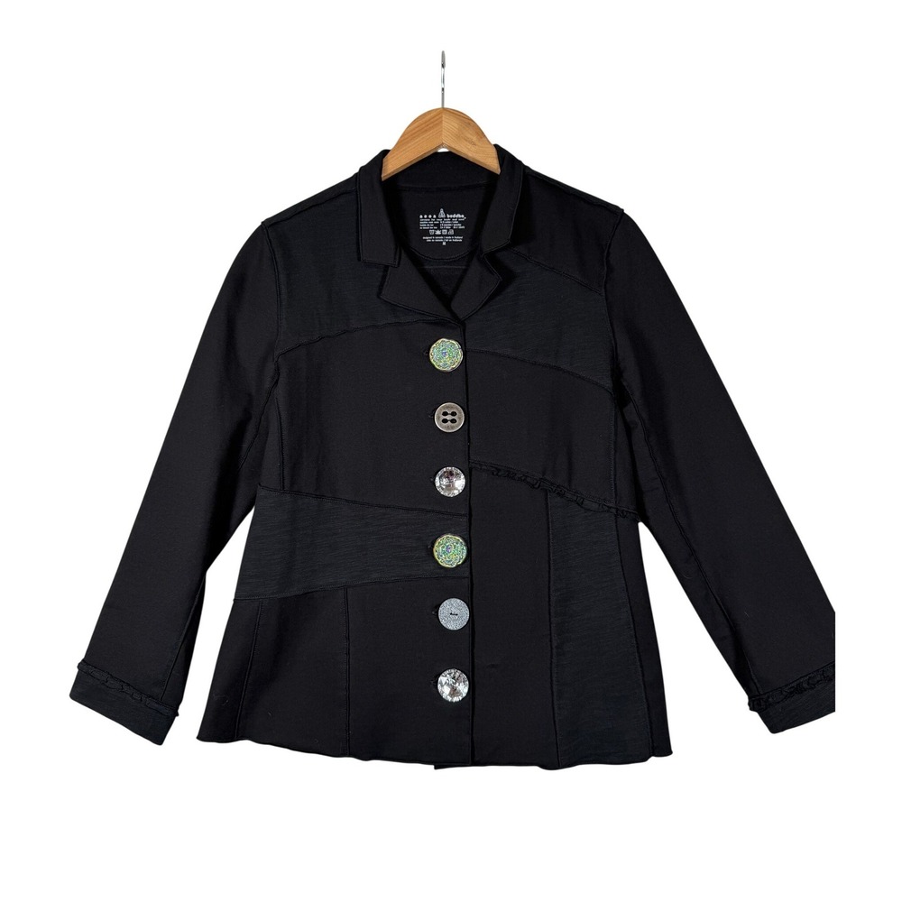 Neon Buddha Jacket Medium Black Art Buttons Lagenlook Boho Mixed Media